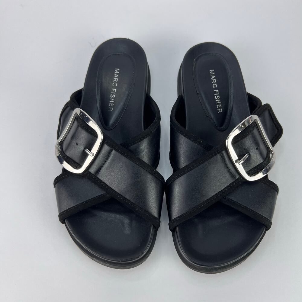 EUC Marc Fisher Black Faux Leather Cross Cross Big Buckle Slide Sandals 7